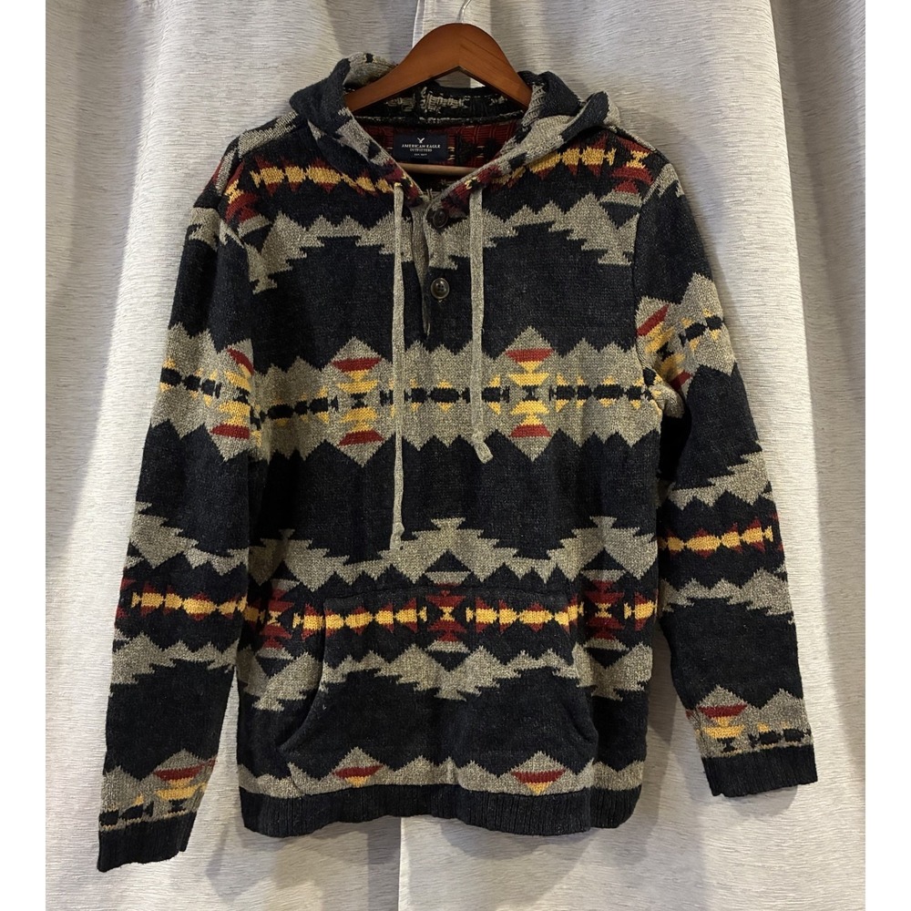 American Eagle Outfitters Men's Gray Soft Sweater Hoodie Southwest Aztec Print M